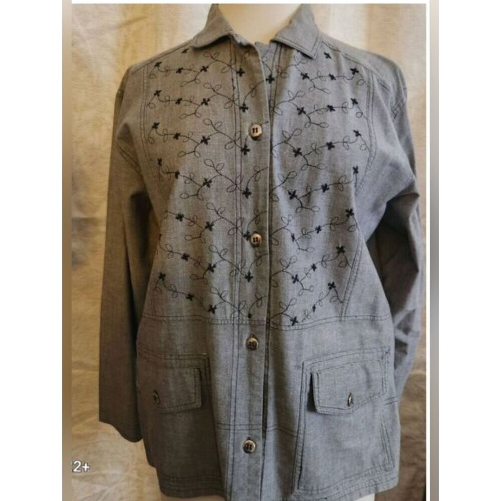 Outbrook Womens Grey Utility Button Up Shirt Jacket w Black Floral Embroidery